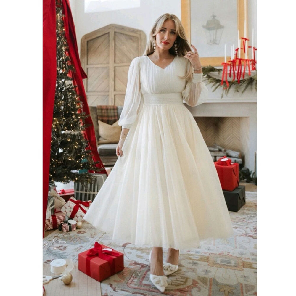 Ivy City Co Ivory Sparkle Tulle Midi Dress Size Small Party Holiday Bridal